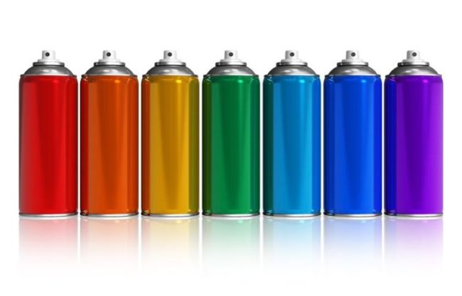 10759885 - set of rainbow paint spray cans isolated on white reflective background